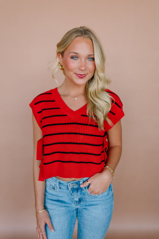 STRIPED VNECK TIE SWEATER