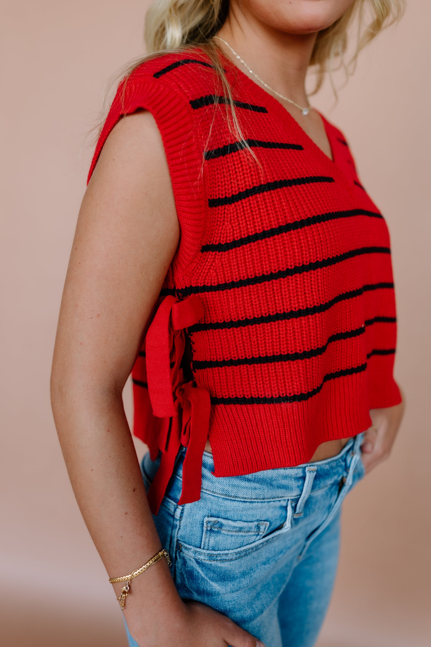 STRIPED VNECK TIE SWEATER