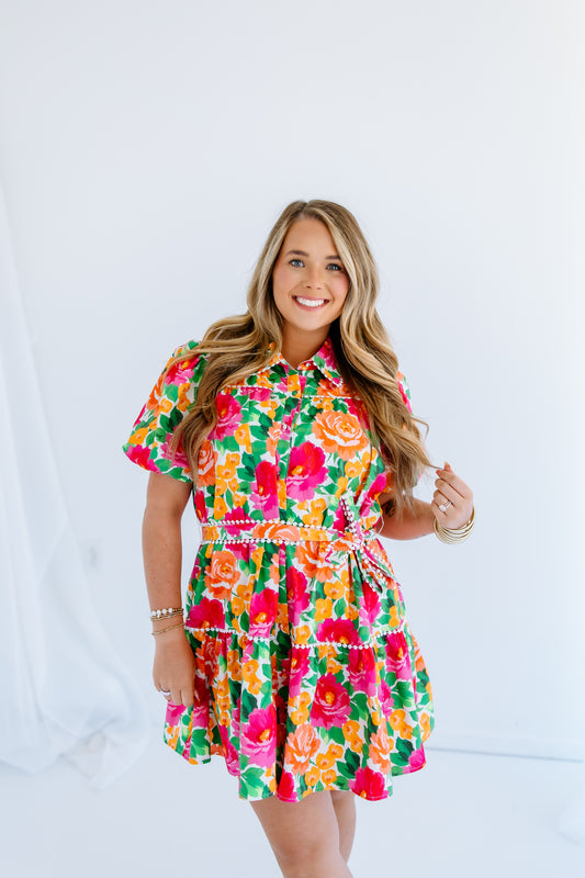 TROPIC FLORAL TIE MINI DRESS