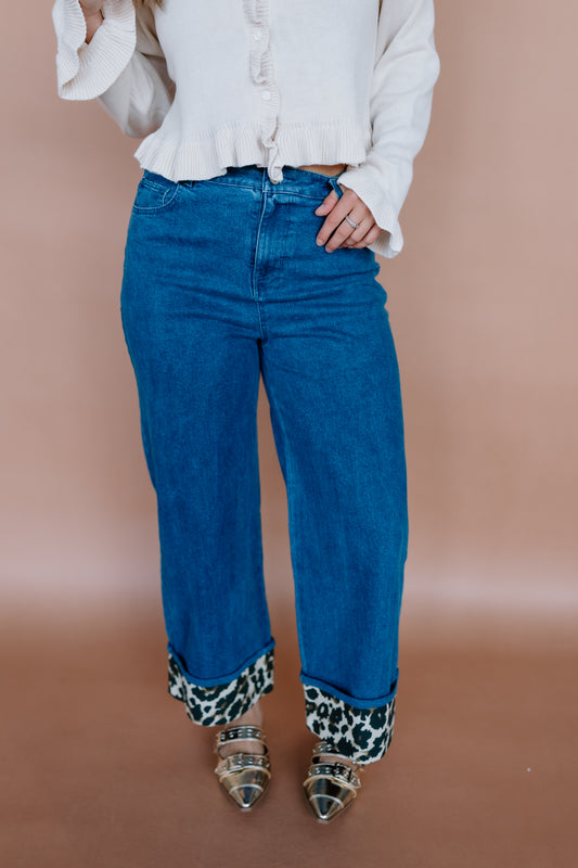LEOPARD BOTTOM DENIM PANTS