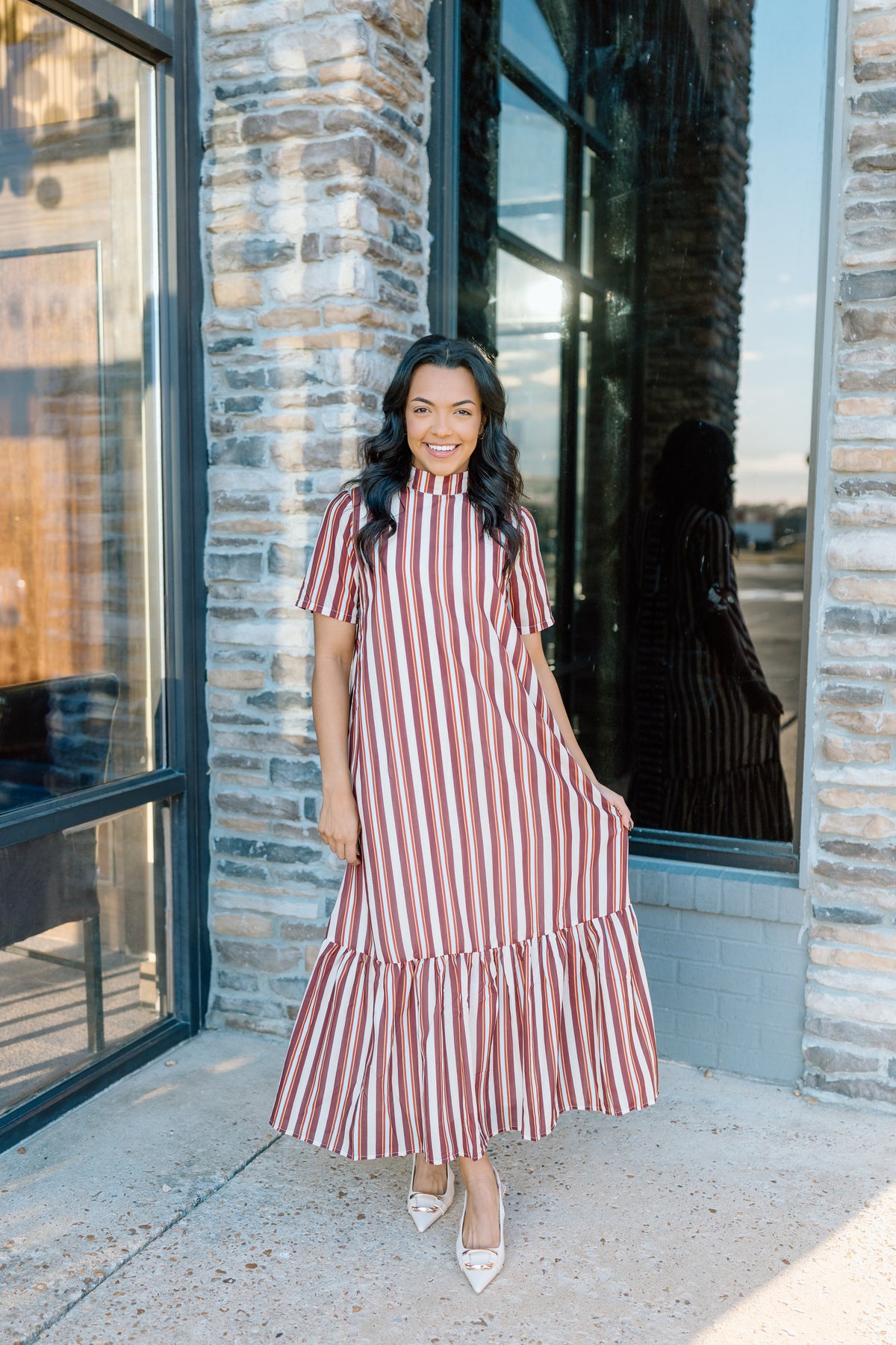STRIPE TIE BACK RUFFLE HEM MAXI DRESS