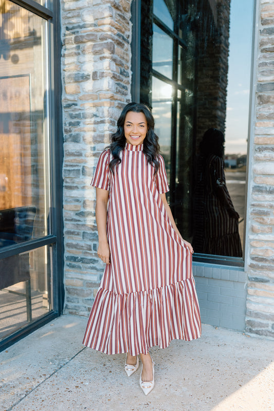 STRIPE TIE BACK RUFFLE HEM MAXI DRESS