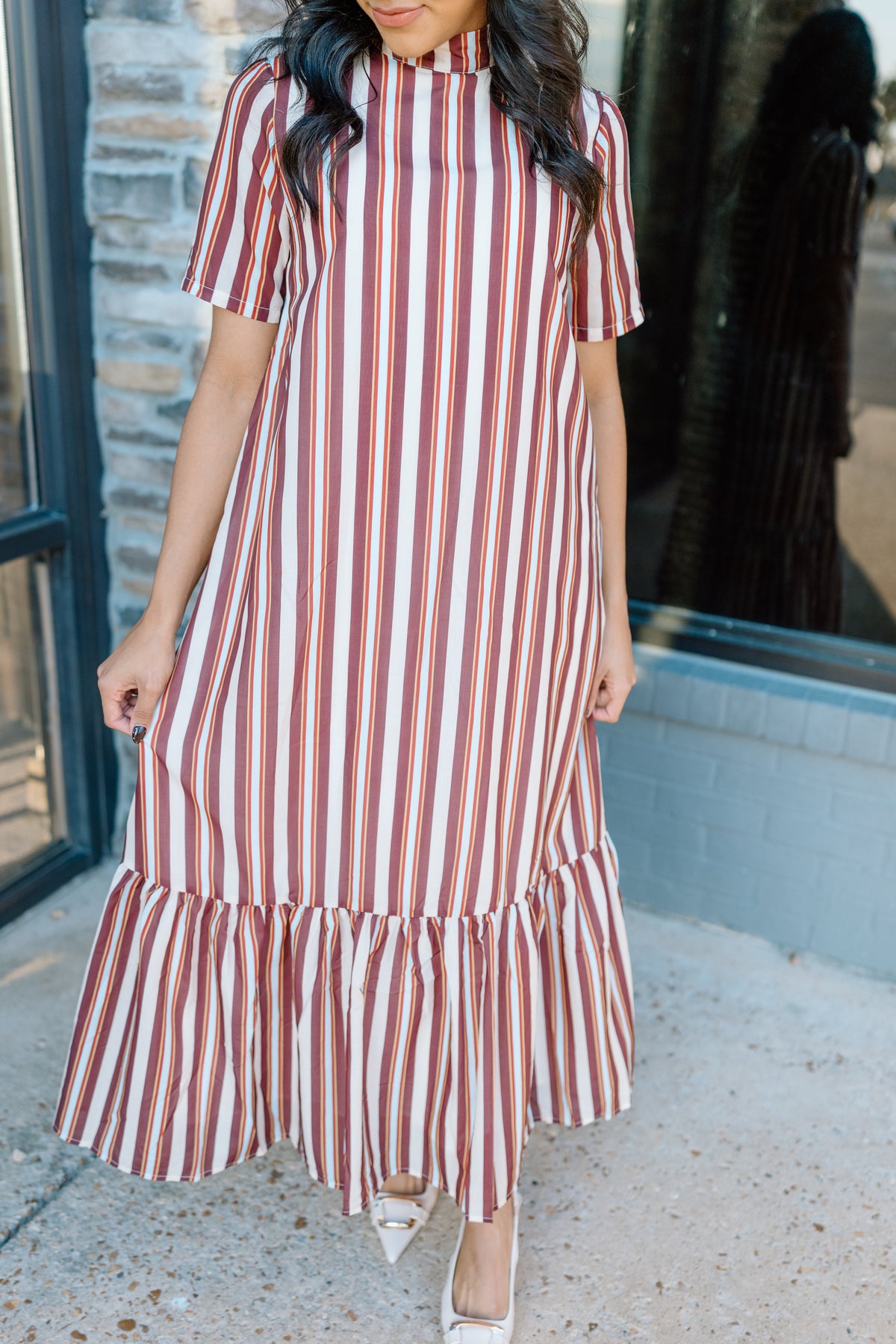 STRIPE TIE BACK RUFFLE HEM MAXI DRESS