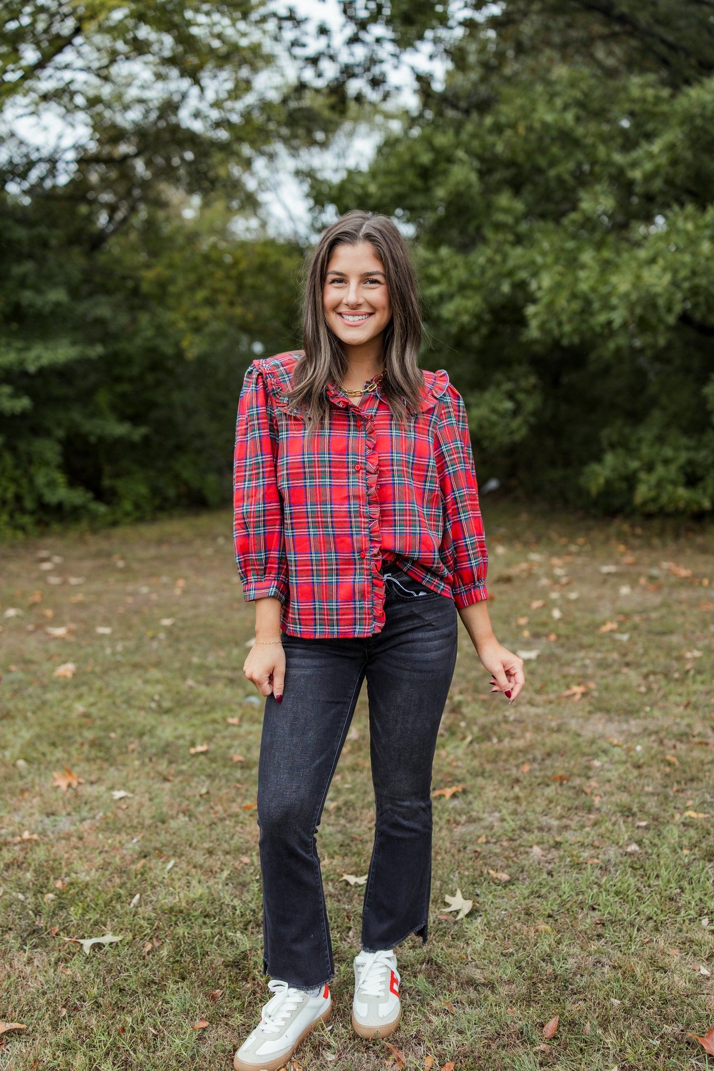 PLAID RUFFLE COLLARED TOP