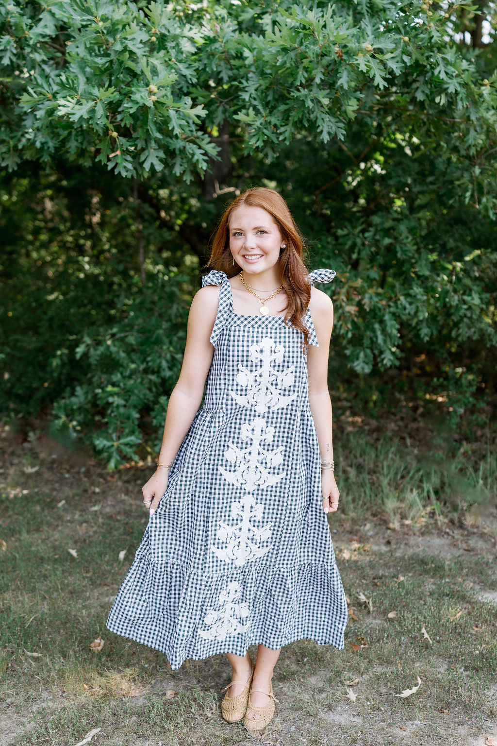 EMBROIDERED PLAID MIDI DRESS