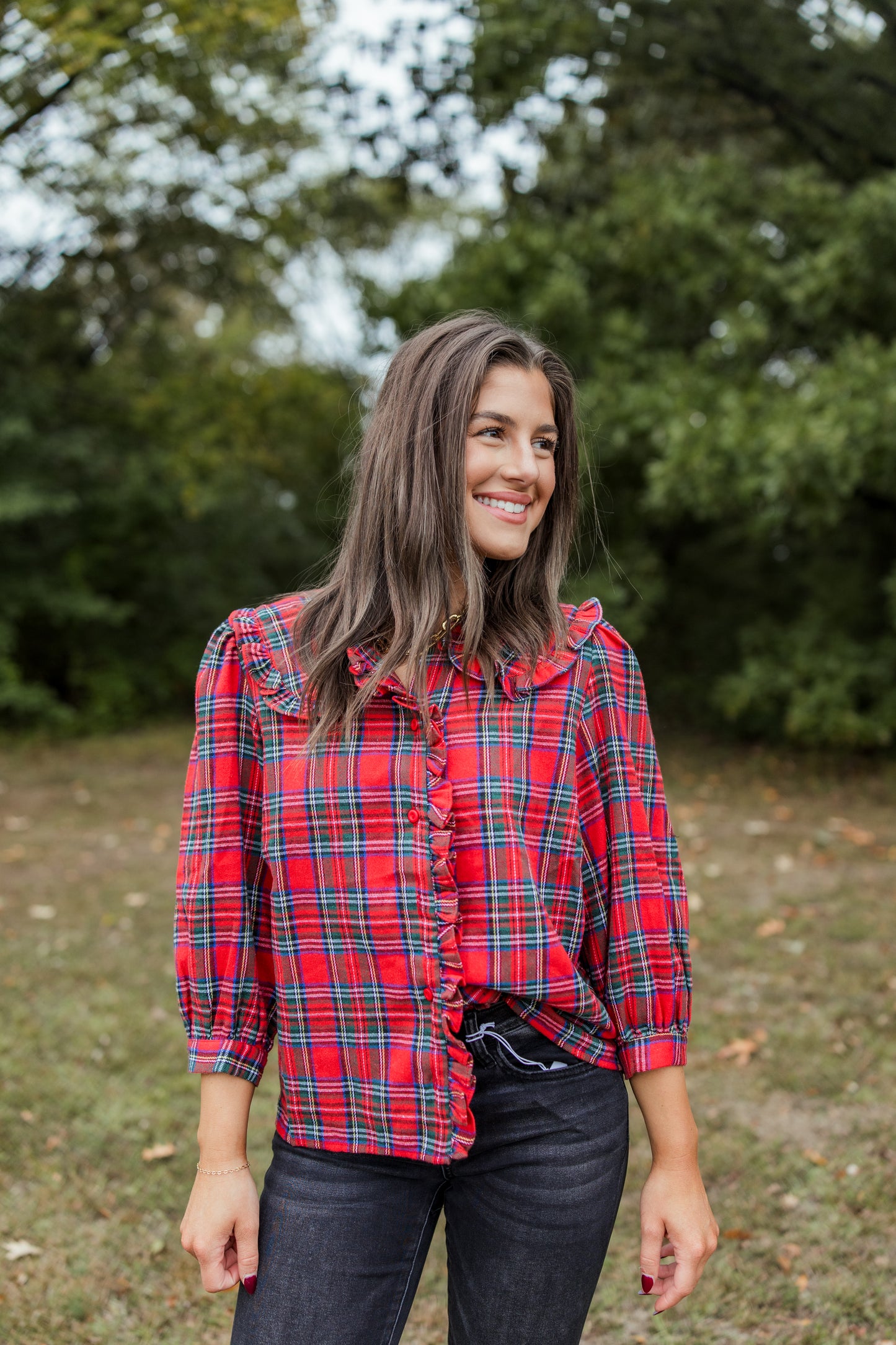 PLAID RUFFLE COLLARED TOP