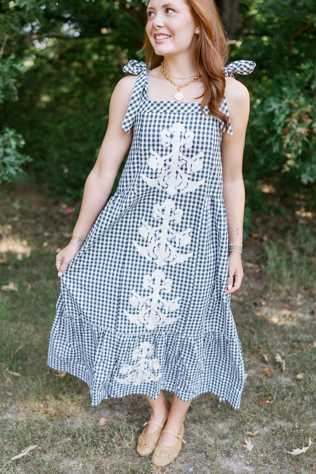 EMBROIDERED PLAID MIDI DRESS