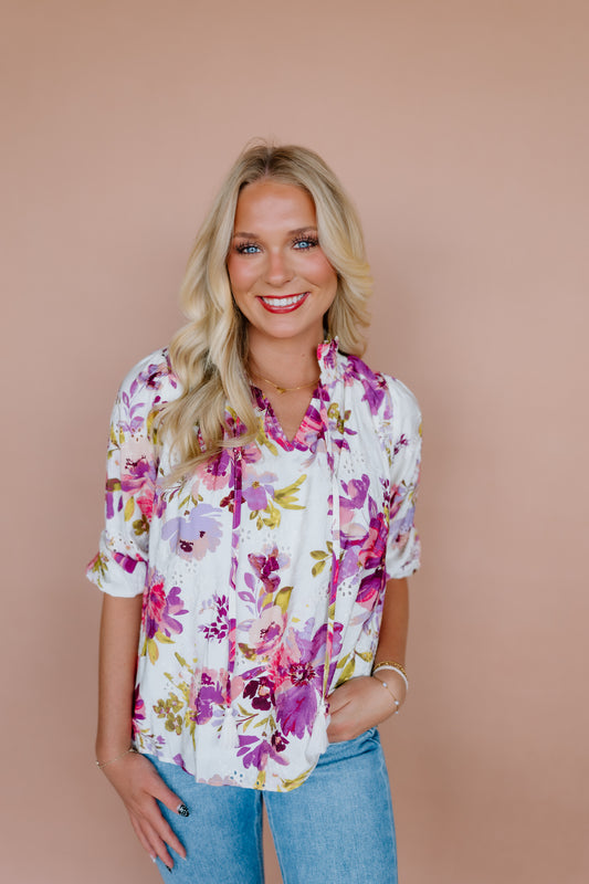 RASPBERRY FLORAL PRINT EYELET BLOUSE