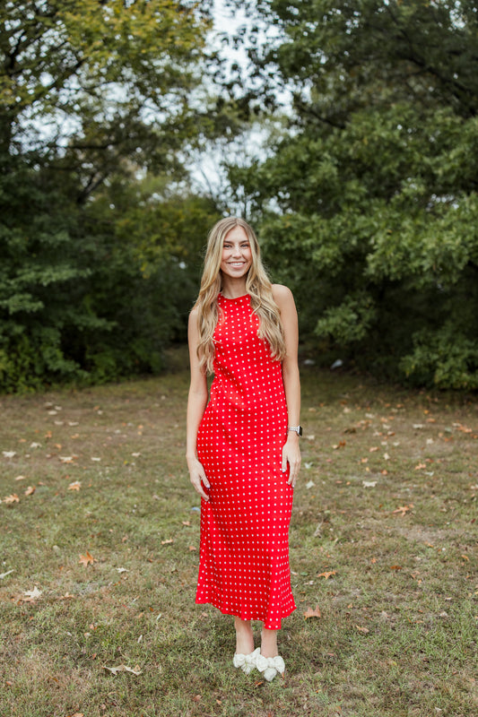 RED POLKA DOT MIDI DRESS