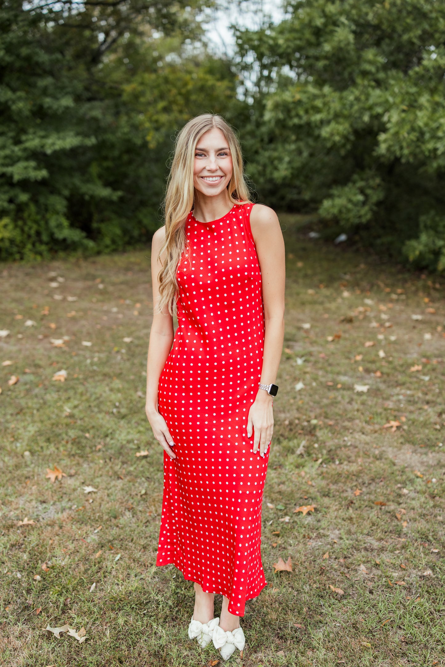 RED POLKA DOT MIDI DRESS