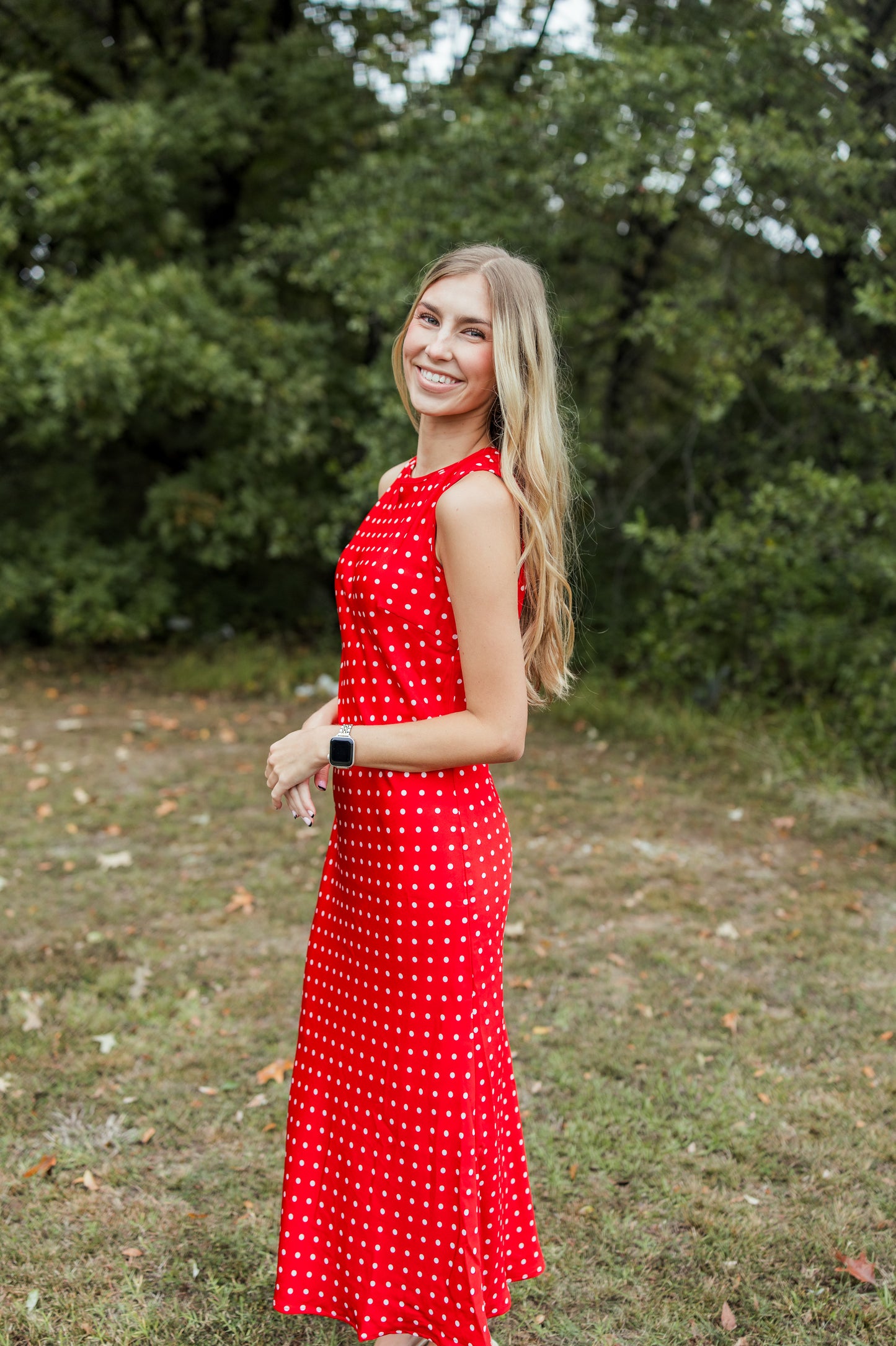 RED POLKA DOT MIDI DRESS