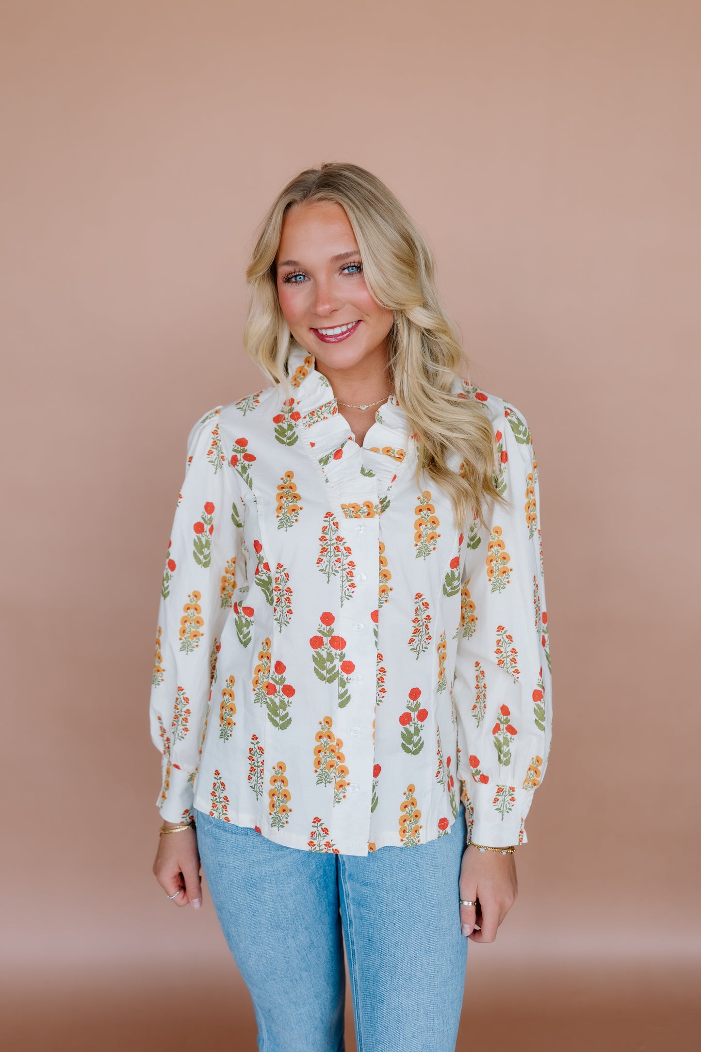 CREAM FLORAL RUFFLE COLLAR BLOUSE