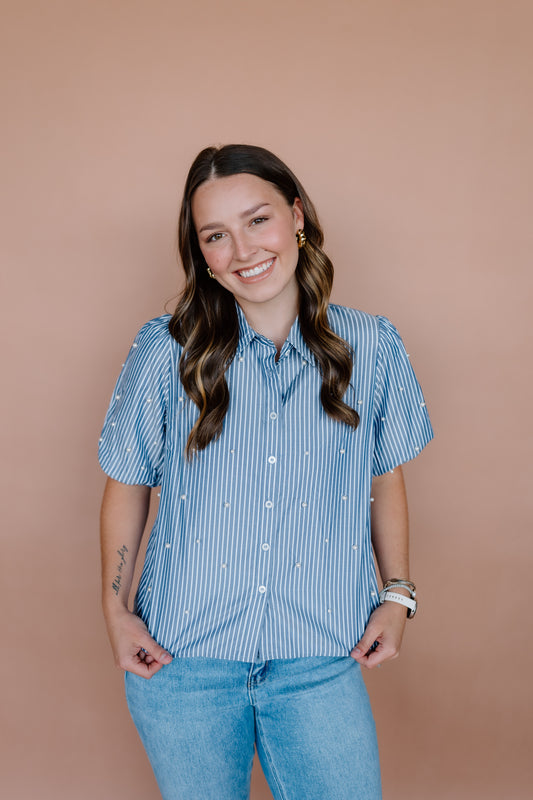 PEARL TRIM STRIPE TOP