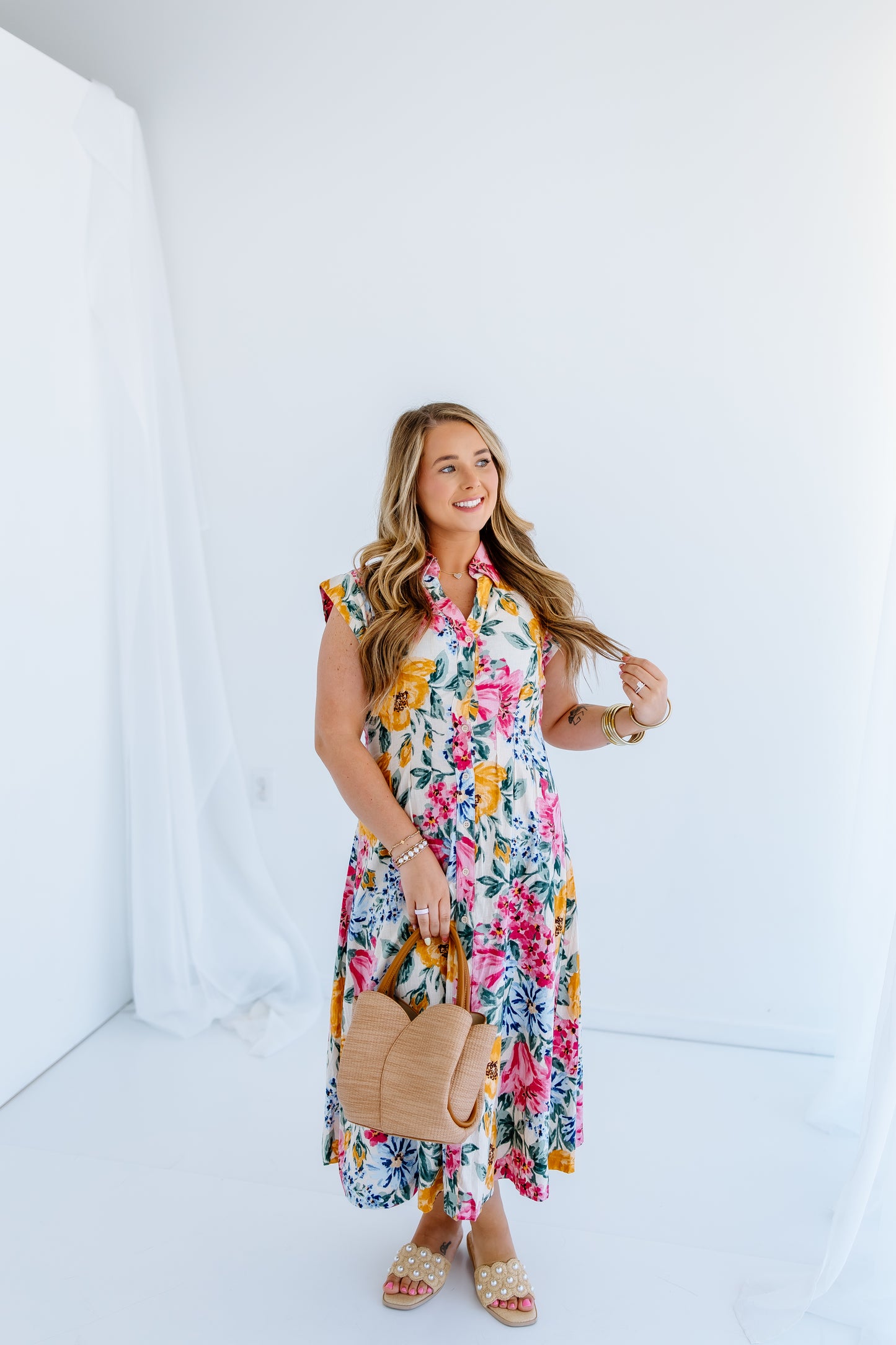 LUCIA FLORAL BUTTON DOWN MIDI DRESS