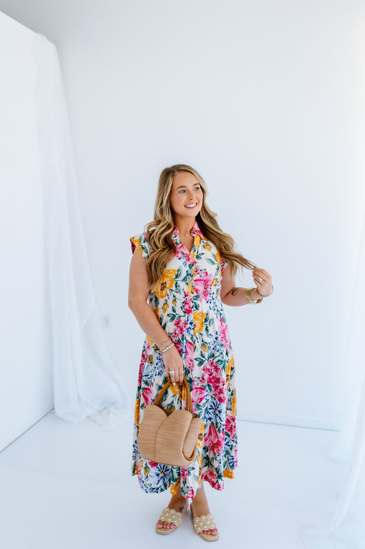 LUCIA FLORAL BUTTON DOWN MIDI DRESS