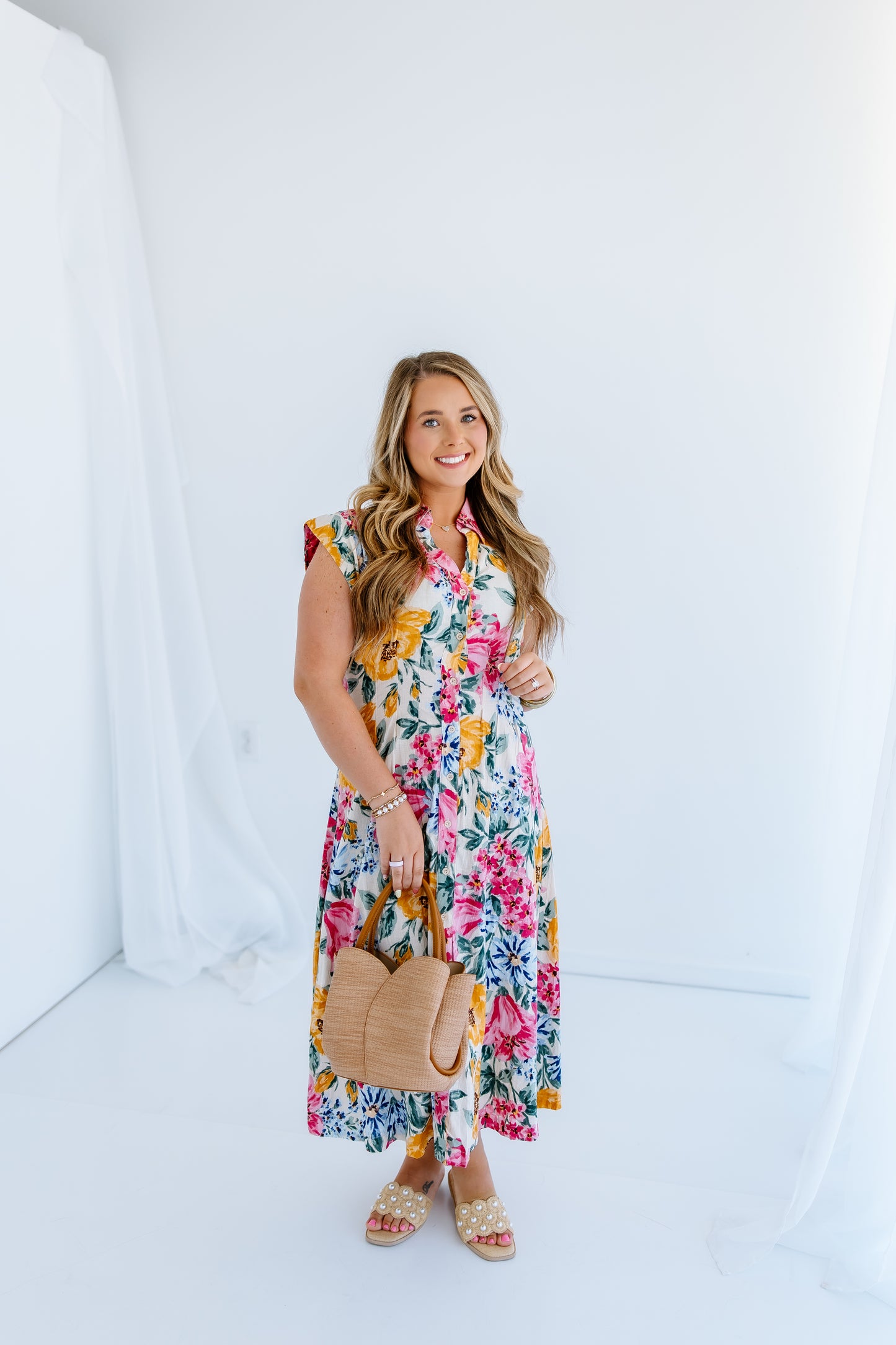 LUCIA FLORAL BUTTON DOWN MIDI DRESS