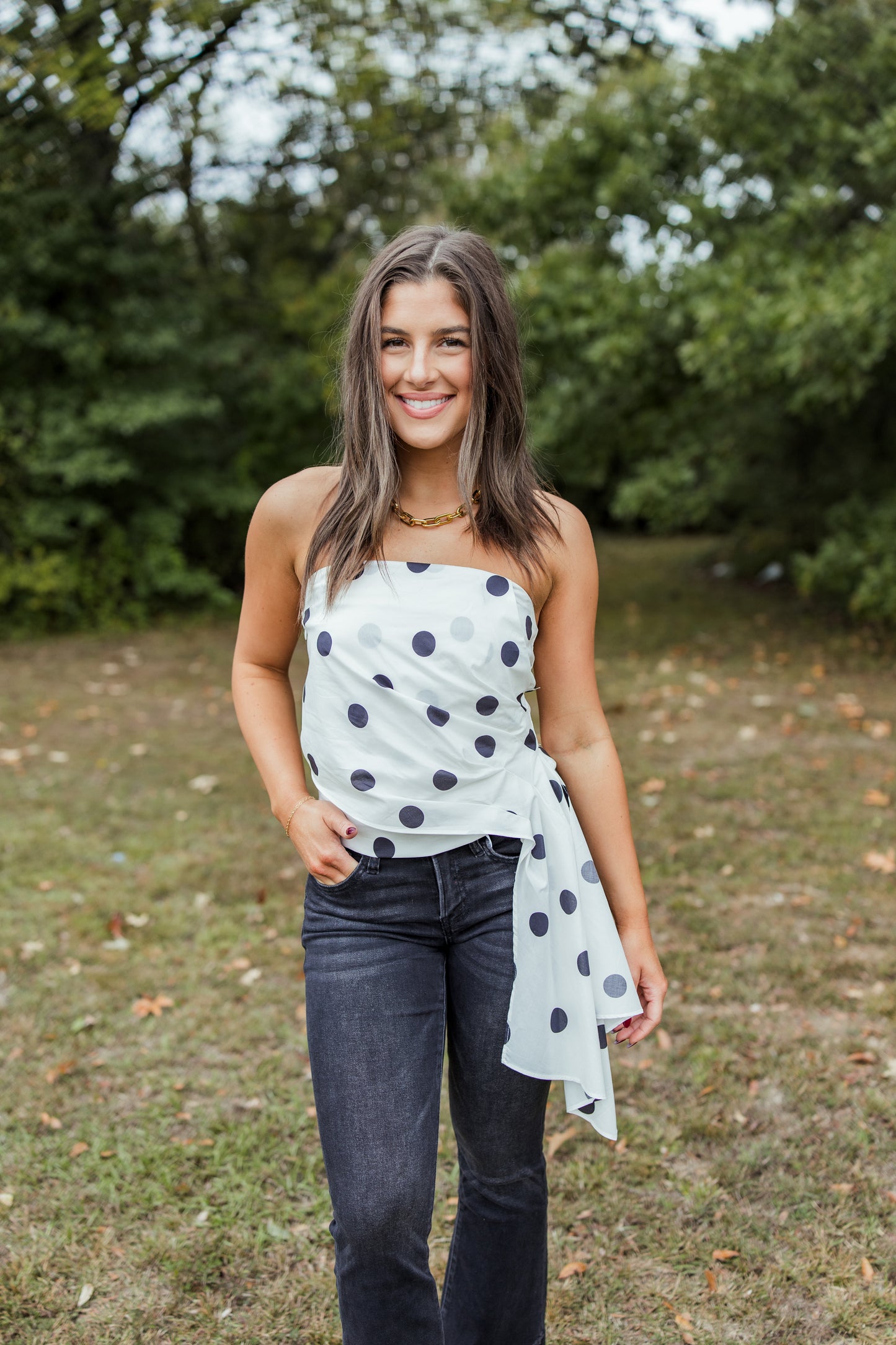 DRAPED PLEATED POLKA DOT TOP