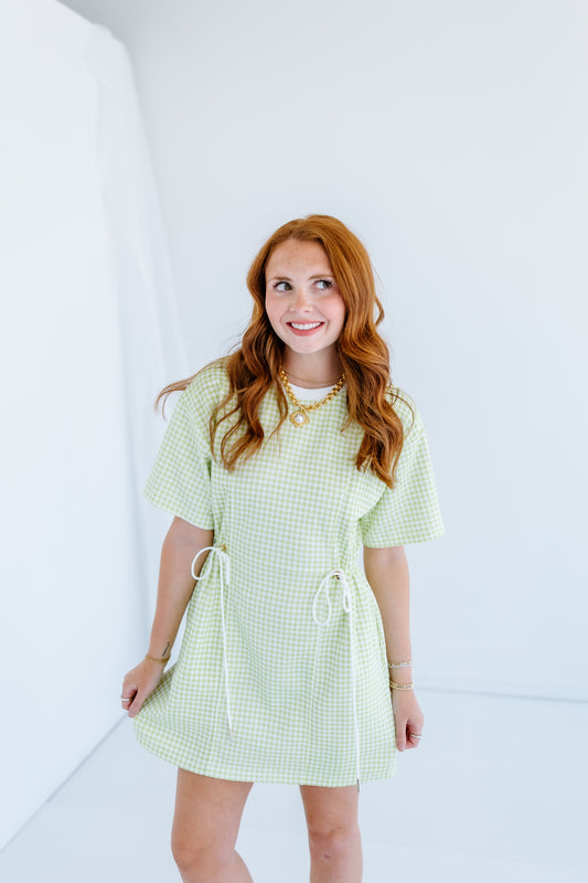 CINCHED WAIST GINGHAM MINI DRESS
