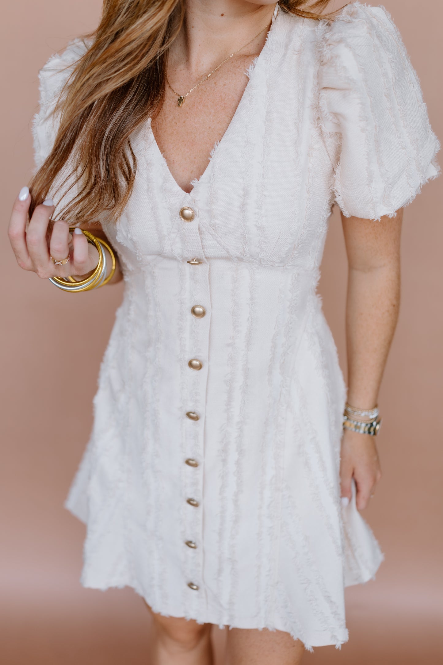 TEXTURED BUTTONED MINI DRESS