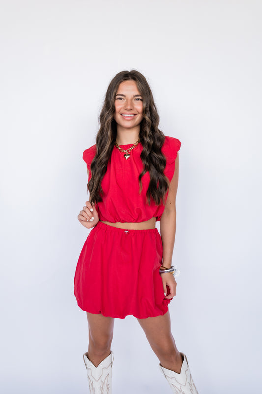 SHIRRING SLEEVE CROP TOP AND BUBBLE SKIRT SET