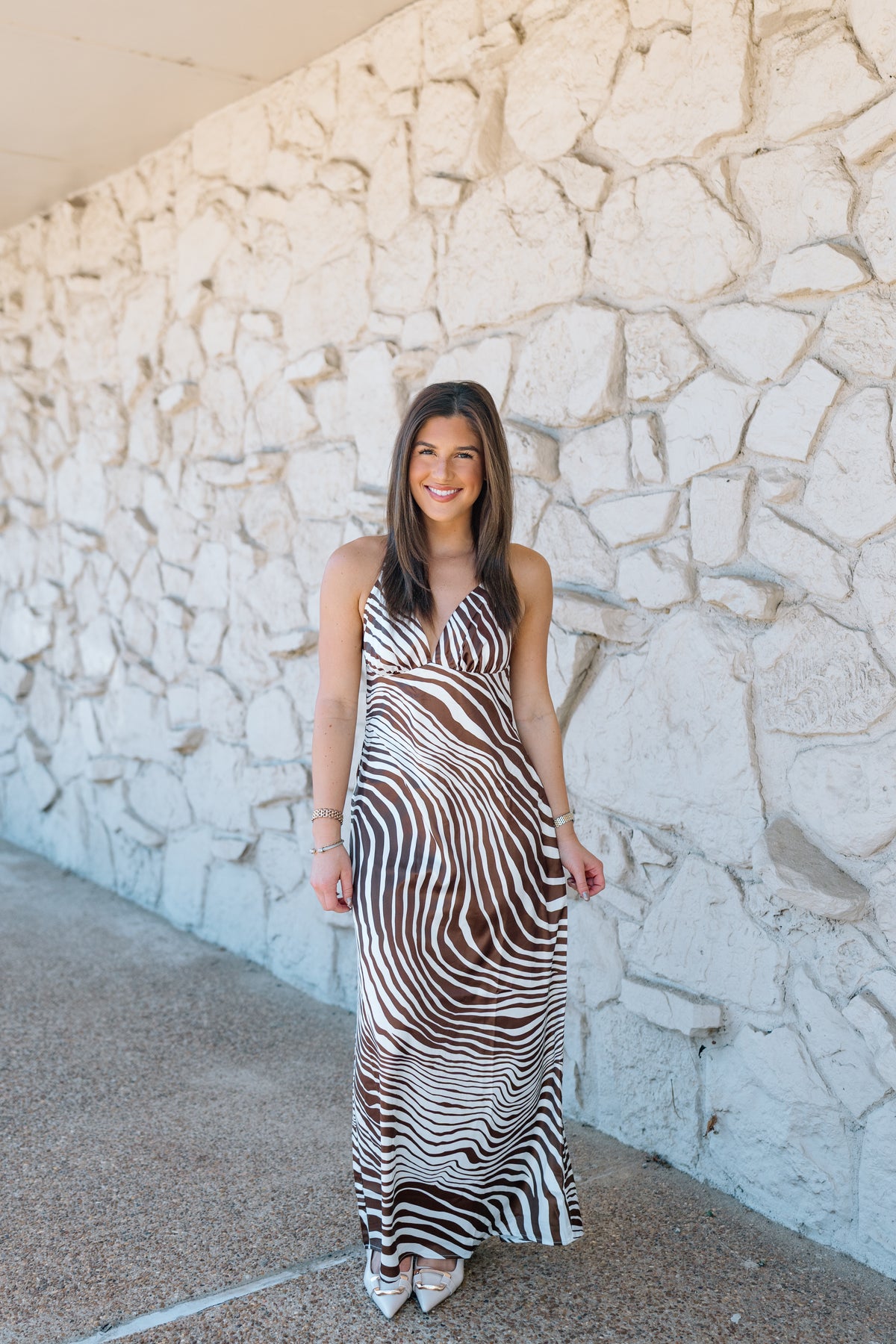 IVORY AND BROWN ZEBRA MIDI DRESS