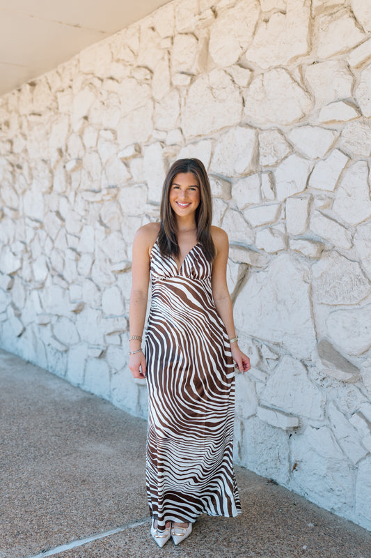IVORY AND BROWN ZEBRA MIDI DRESS