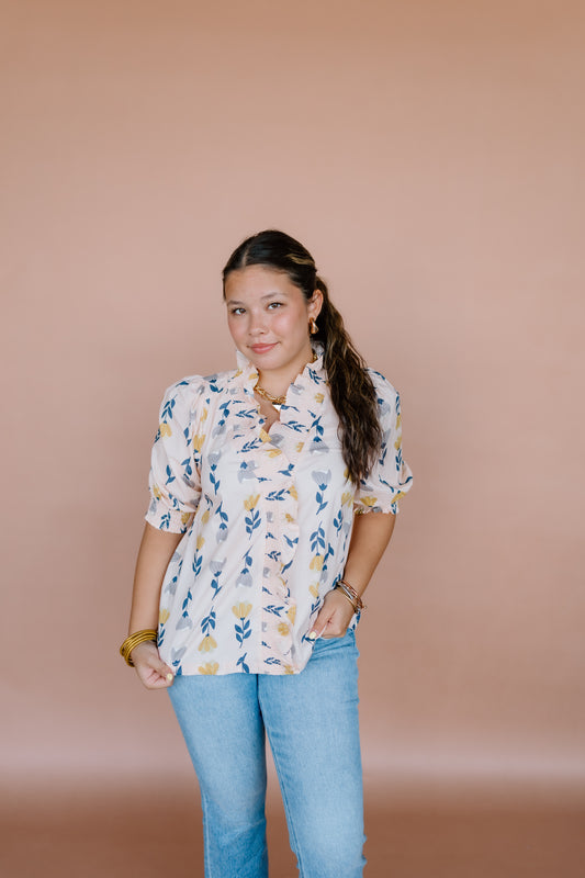 FLORAL RUFFLE TRIM PUFF SLEEVE BLOUSE