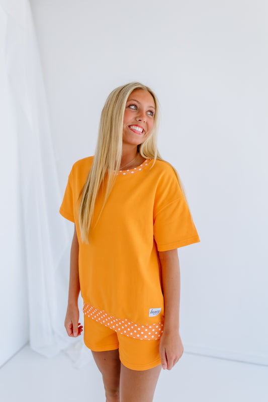 ORANGE POLKA DOT HONEY TWO PIECE LOUNGE SET
