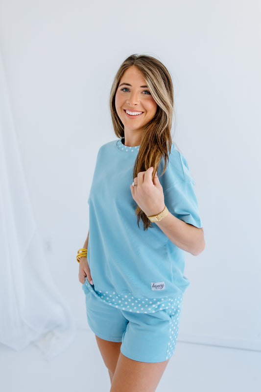 BABY BLUE POLKA DOT HONEY TWO PIECE LOUNGE SET