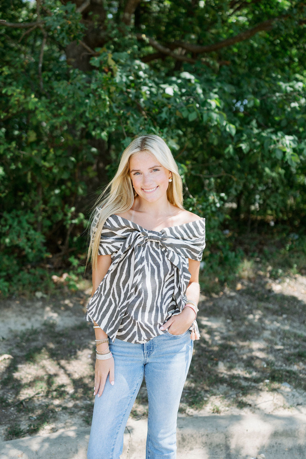 ZEBRA OFF SHOULDER BOW BLOUSE