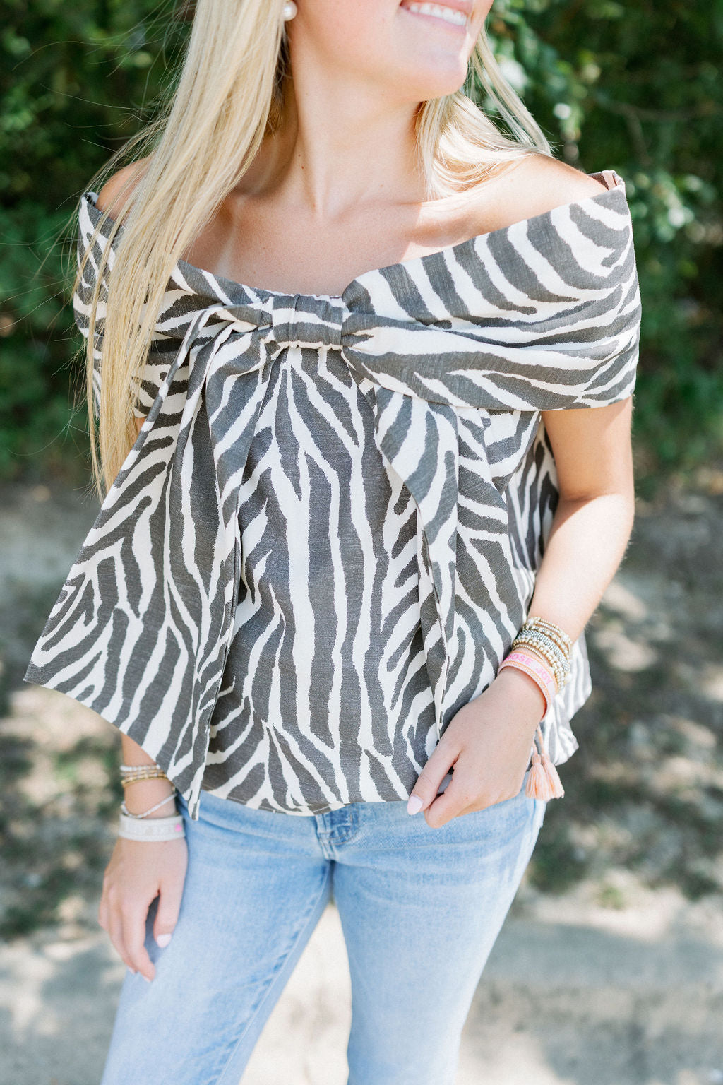 ZEBRA OFF SHOULDER BOW BLOUSE