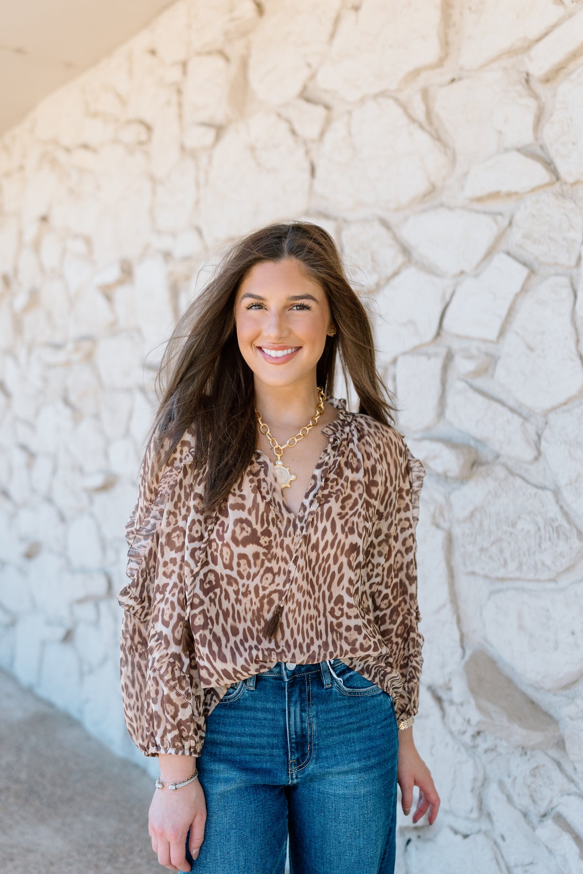 CORA LEOPARD PRINT RUFFLE BLOUSE