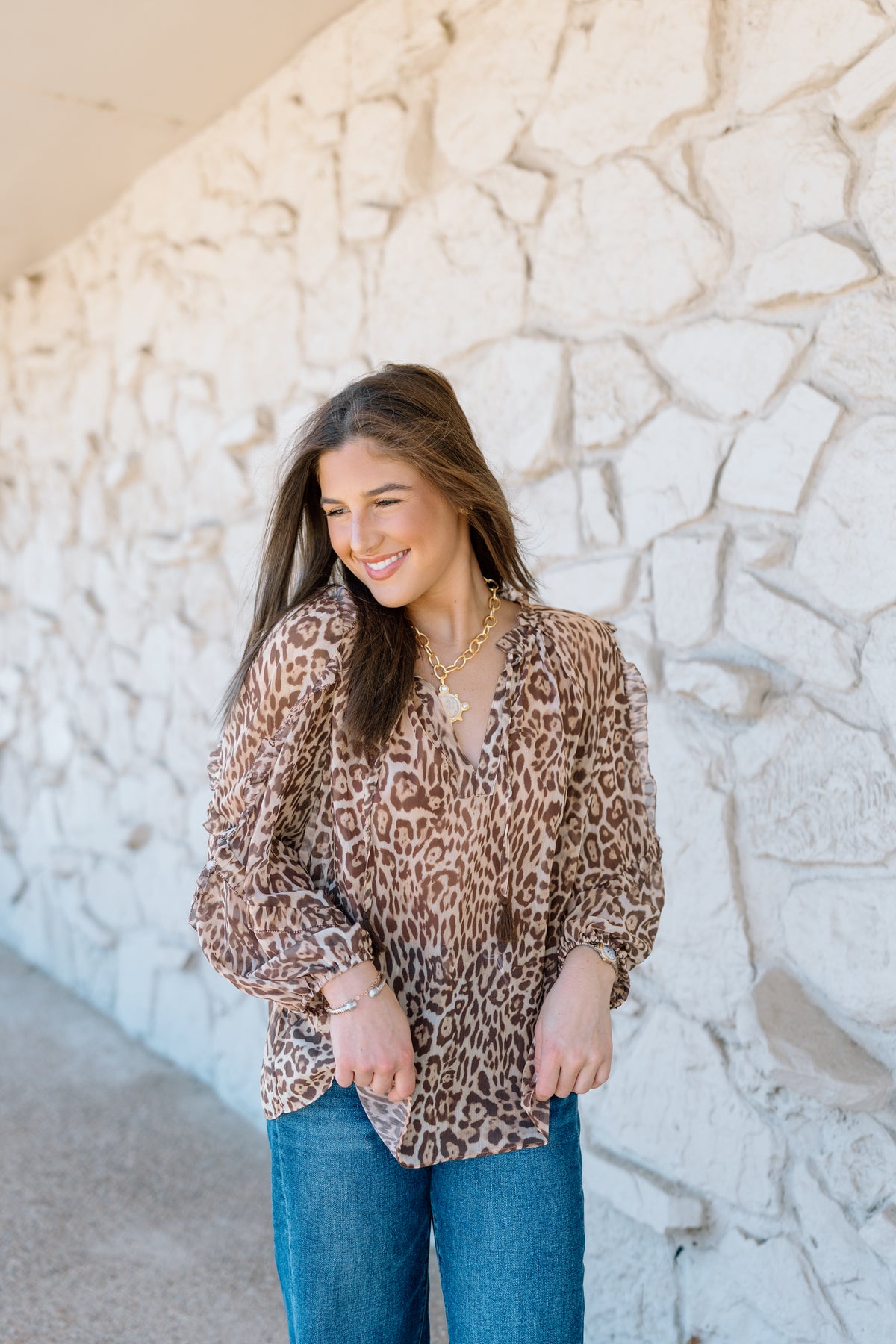 CORA LEOPARD PRINT RUFFLE BLOUSE