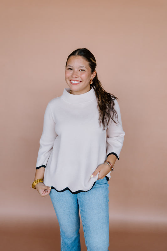 SCALLOP EDGE MOCK NECK SWEATER
