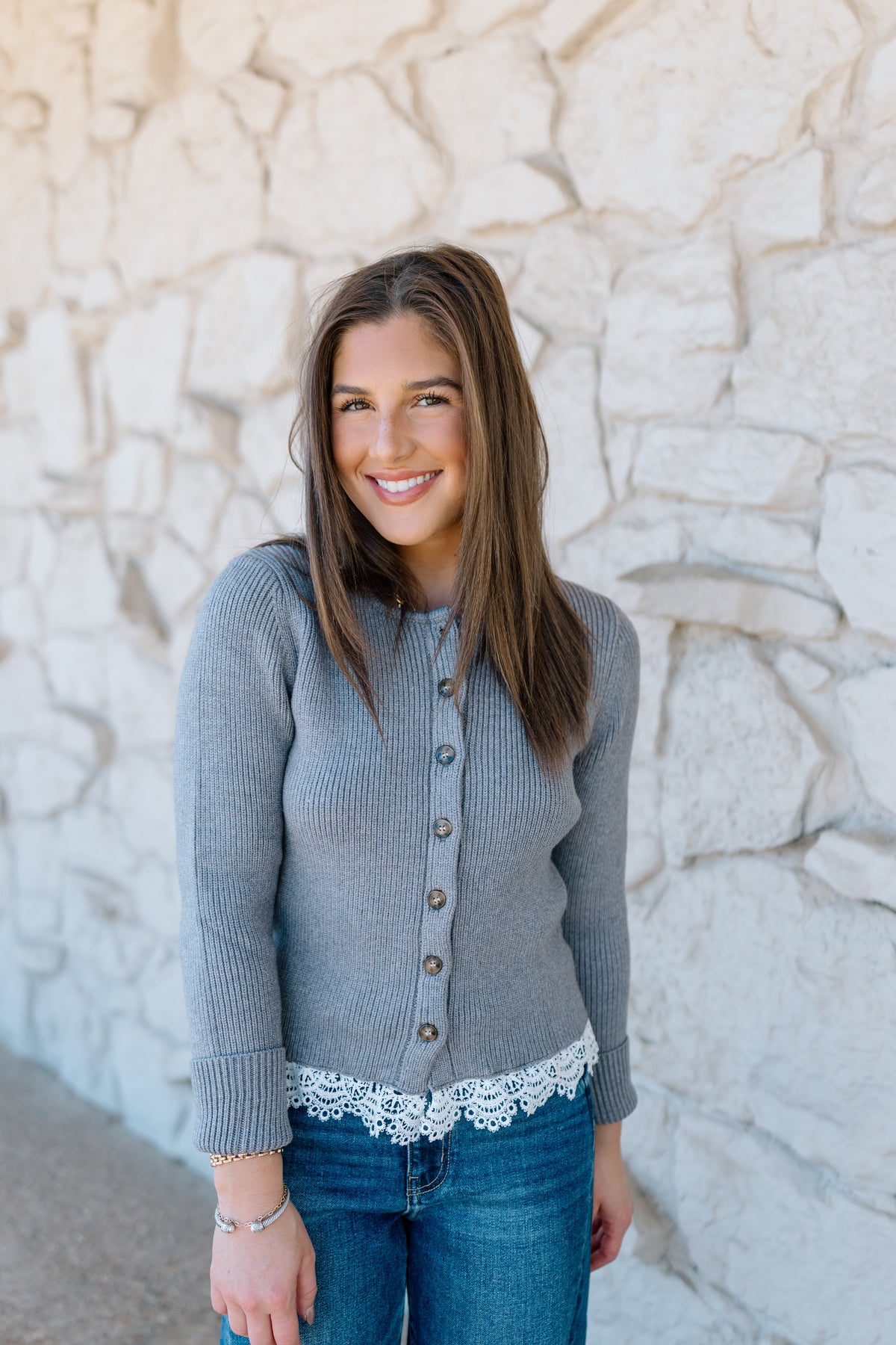 GREY RIBBED LACE TRIM SWEATER TOP