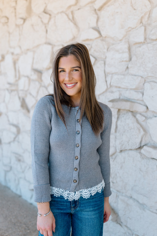 GREY RIBBED LACE TRIM SWEATER TOP