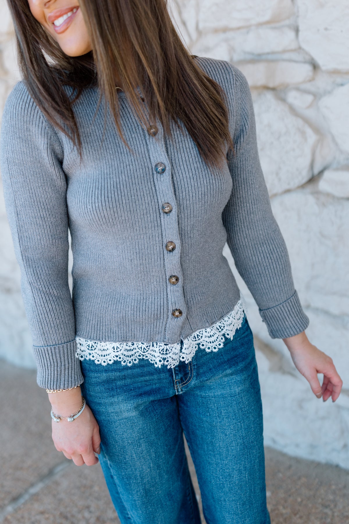 GREY RIBBED LACE TRIM SWEATER TOP