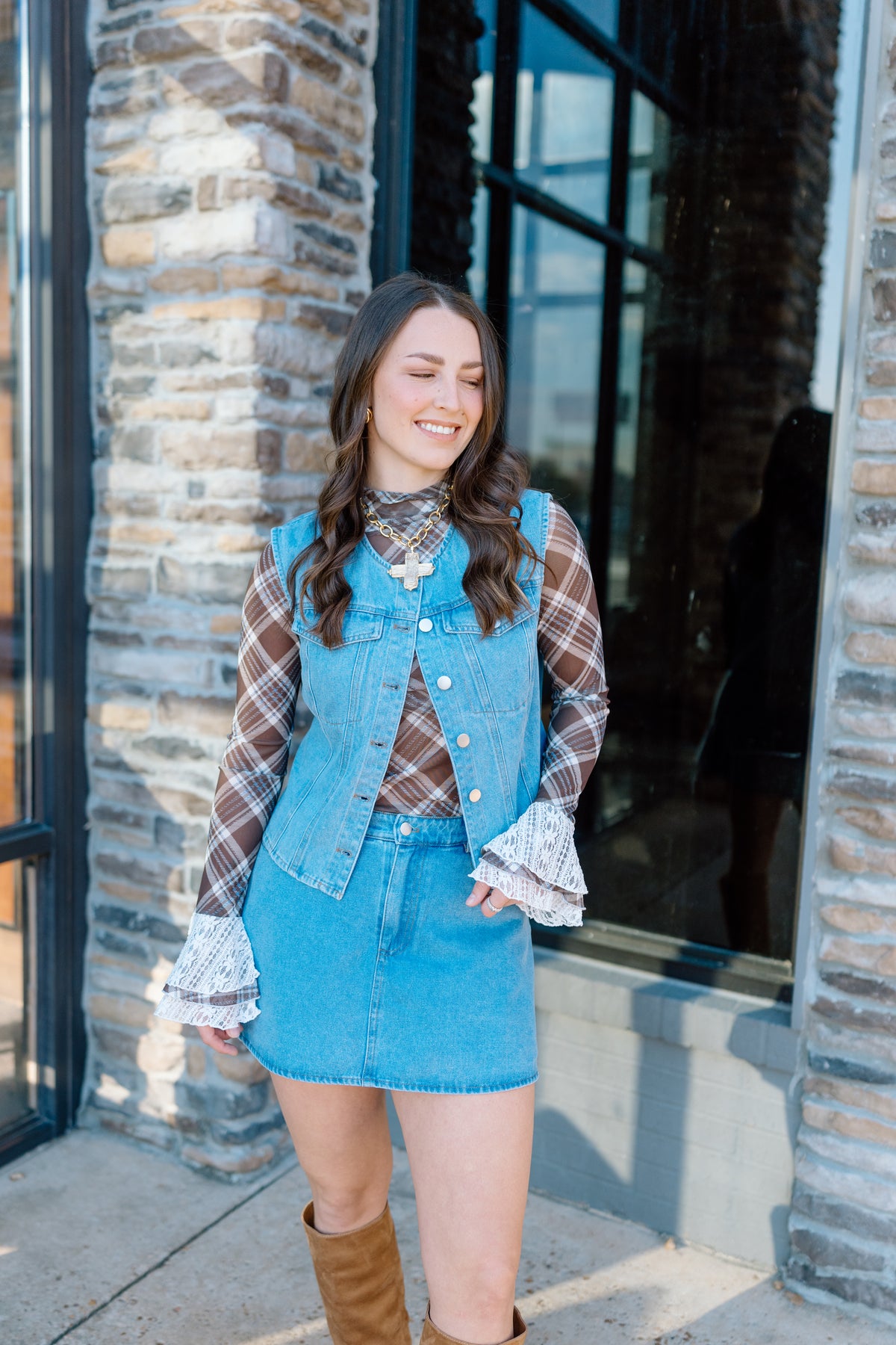PLAID STRETCH BELL SLEEVE TOP