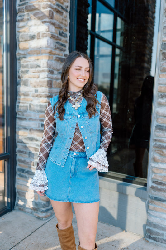 PLAID STRETCH BELL SLEEVE TOP