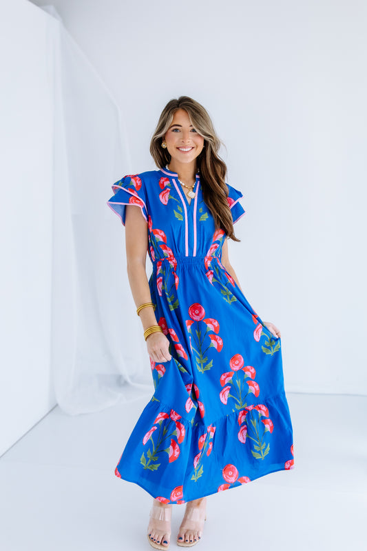 BLOSSOM MEADOW MIDI DRESS - BLUE