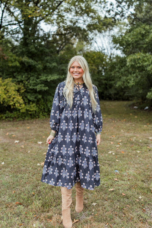 FLORAL KEYHOLE BALLOON SLEEVE MIDI DRESS