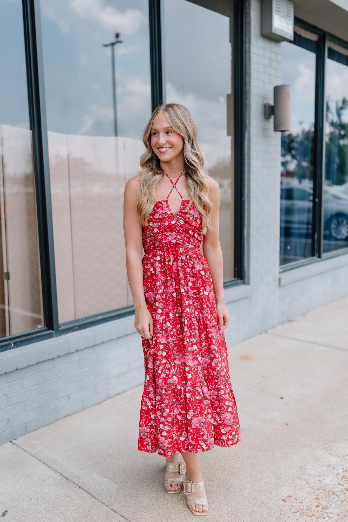 FLORAL PRINT HALTER MIDI DRESS