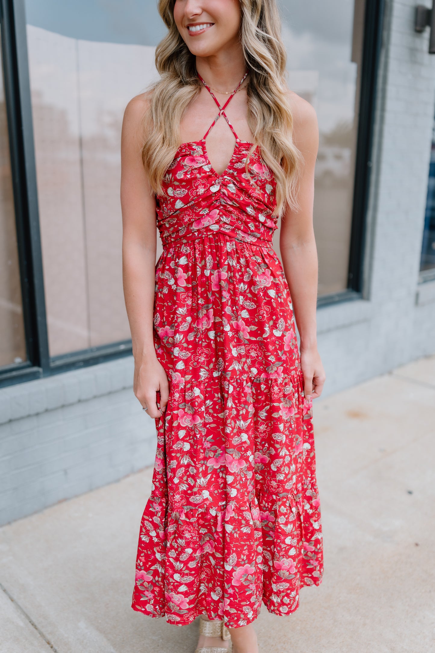 FLORAL PRINT HALTER MIDI DRESS