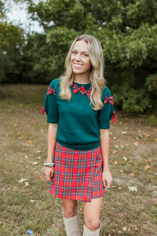 LOTS OF CHEER PLAID BOW DETAIL SWEATER