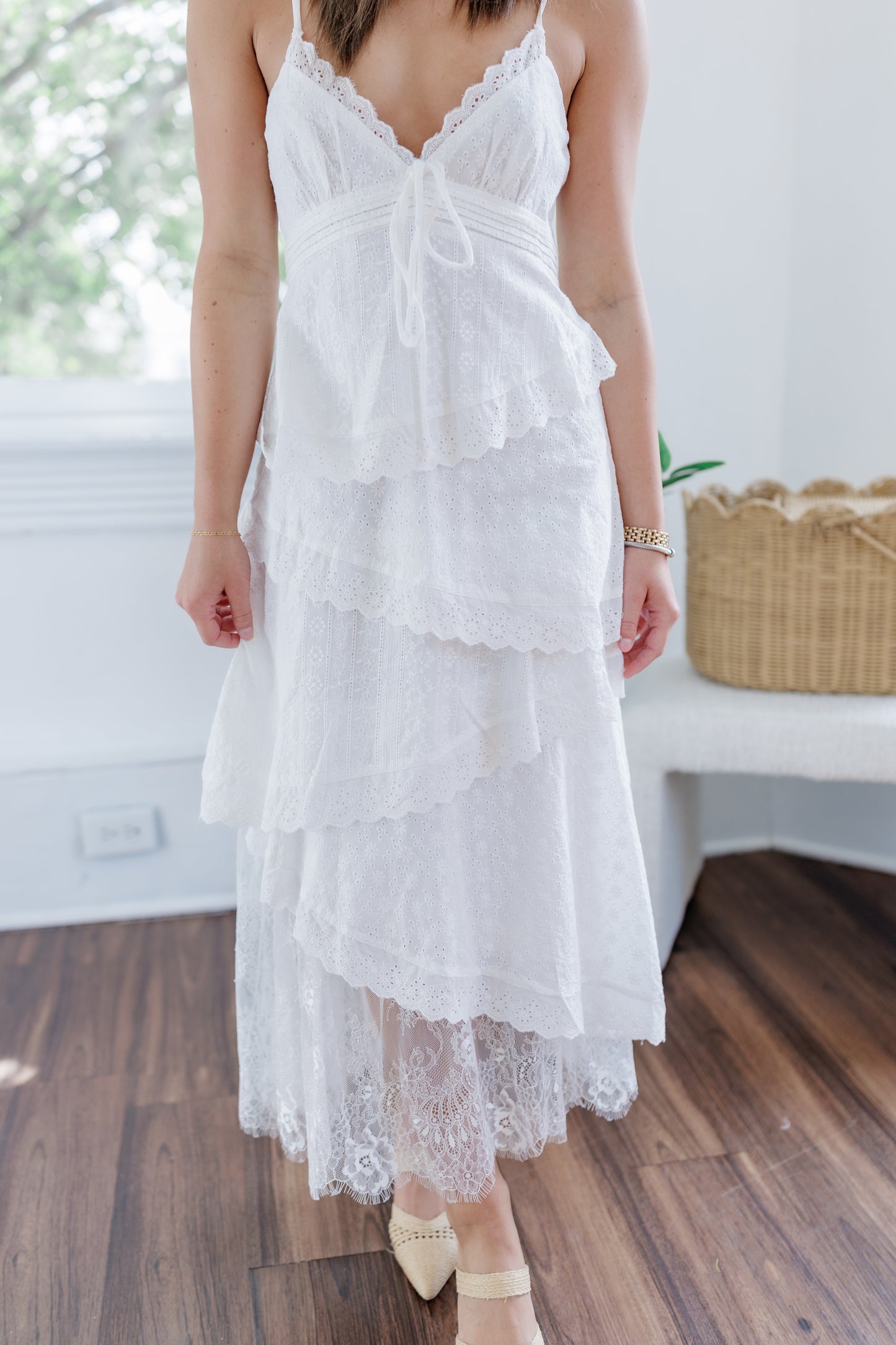 WHITE EYELET LACE MIDI DRESS