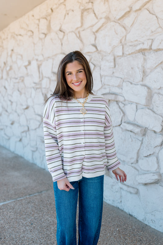 STRIPE CREW NECK BUTTON DOWN CARDIGAN