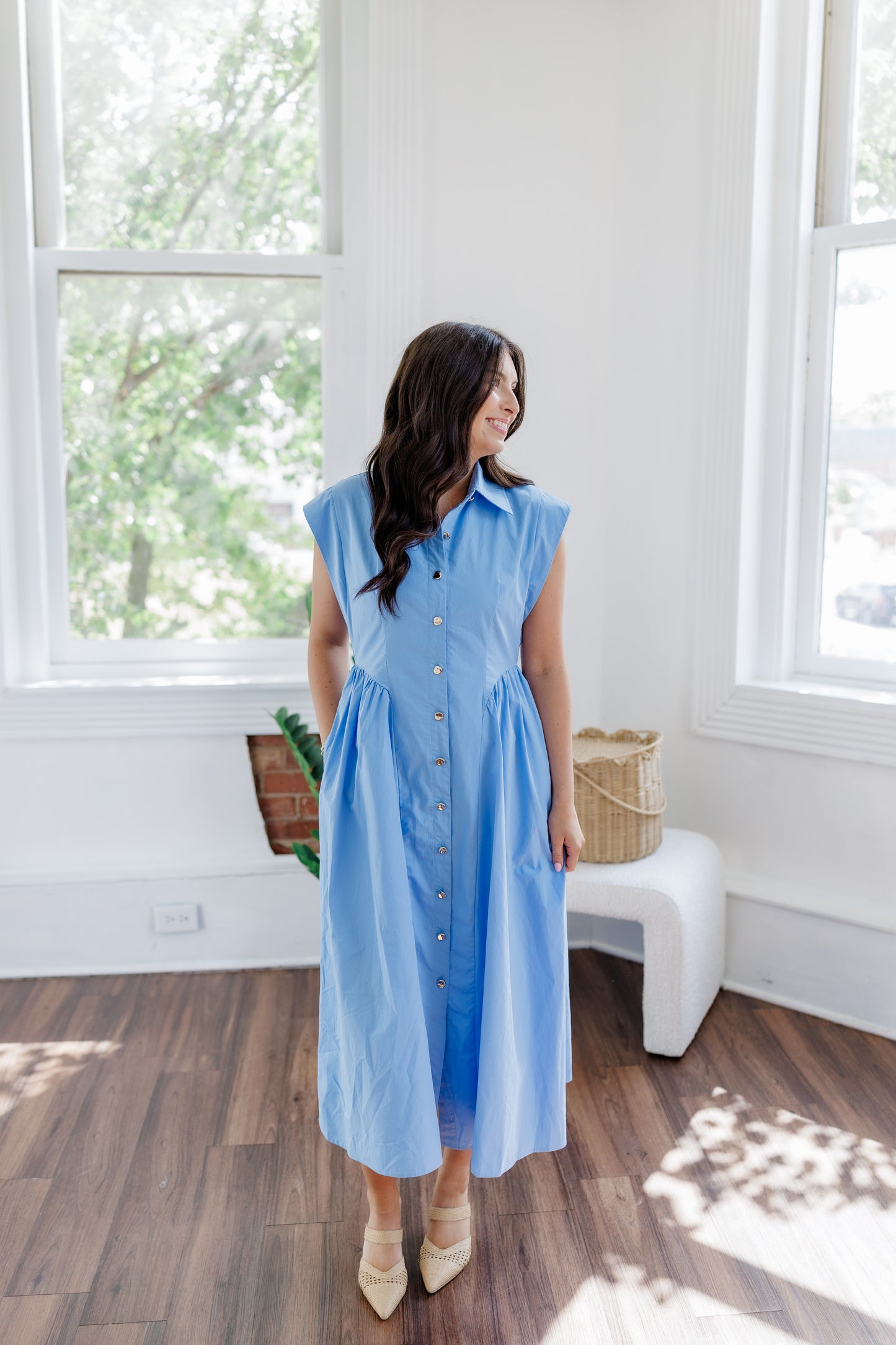 BLUE BLOSSOM DROP WAIST MIDI DRESS - 2 COLORS