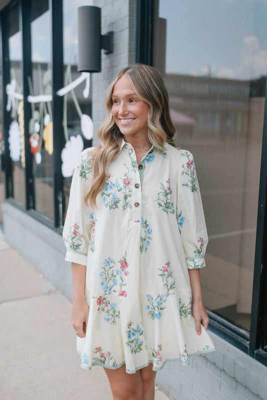 FLORAL STRIPE CUFF MINI DRESS