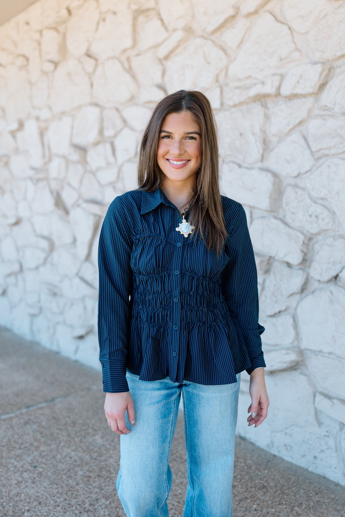 PINSTRIPE SMOCKED PEPLUM TOP
