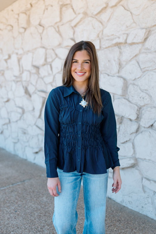 PINSTRIPE SMOCKED PEPLUM TOP